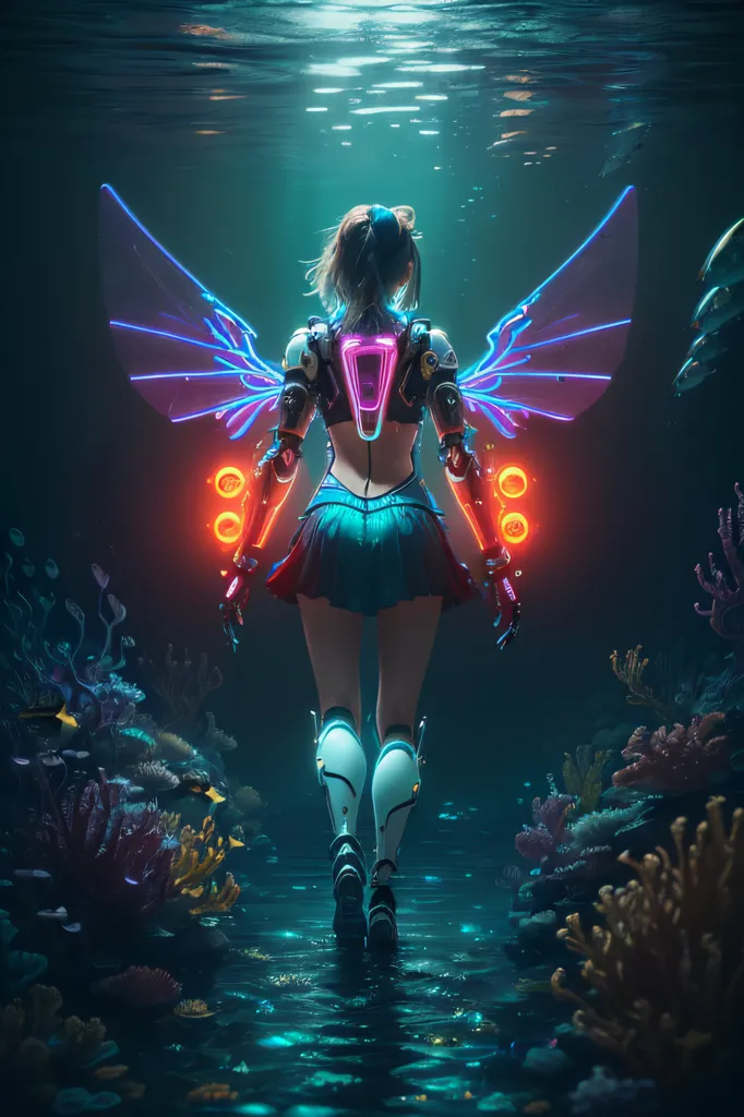 Esta es una imagen de una chica con una falda azul y un top de bikini de metal con luces naranjas y azules brillantes. Tiene alas azules y está caminando a través de un arrecife de coral con peces nadando a su alrededor.