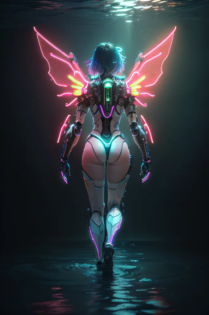 The image is a back view of a female character with blue hair, wearing a black and white bodysuit with pink and yellow glowing parts. She has a pair of wings made of pink and yellow neon lights. She is walking on a reflective surface, with a spotlight shining down on her from above. The background is dark