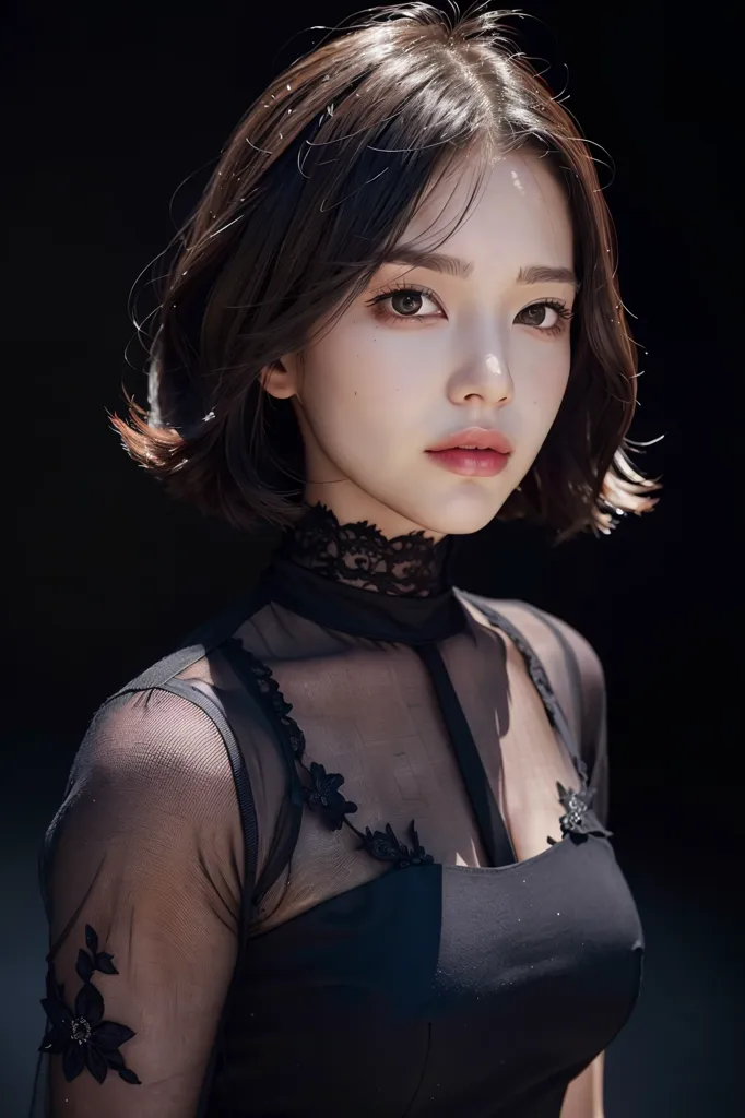 The image shows a young woman with short dark hair and light brown eyes. She is wearing a black lace choker and a black dress with a sweetheart neckline. The dress is made of a sheer material and has floral appliques. The woman is looking at the camera with a serious expression.