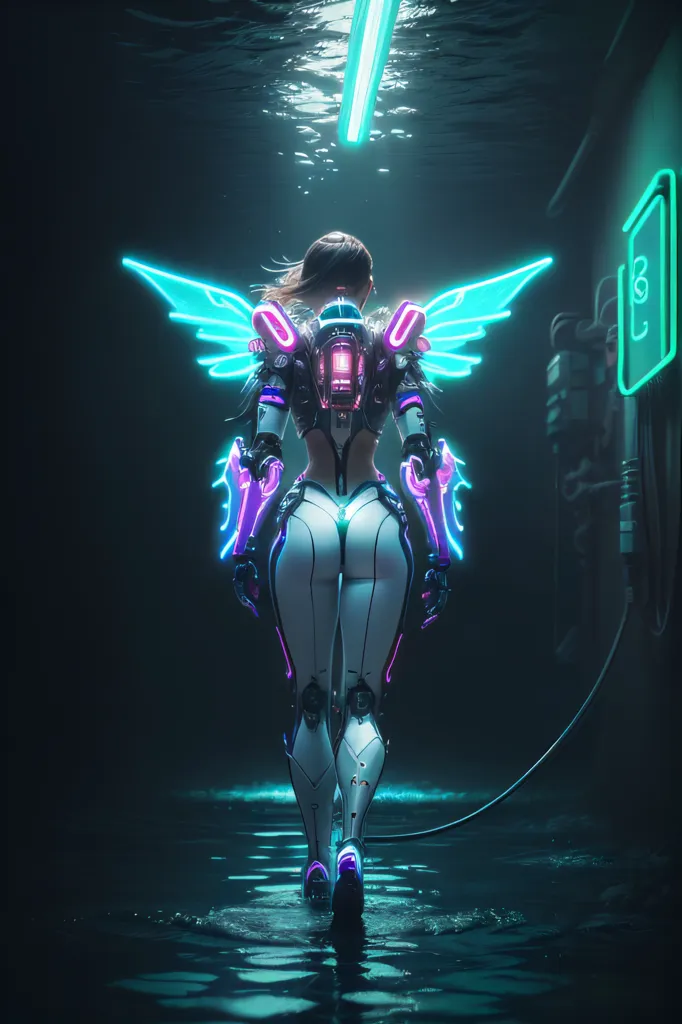 The picture shows a woman in a dark room. There is water on the floor. She is wearing a black and white bodysuit with blue and pink highlights. She also has a pair of wings that are the same color as her highlights. She is looking at a door.