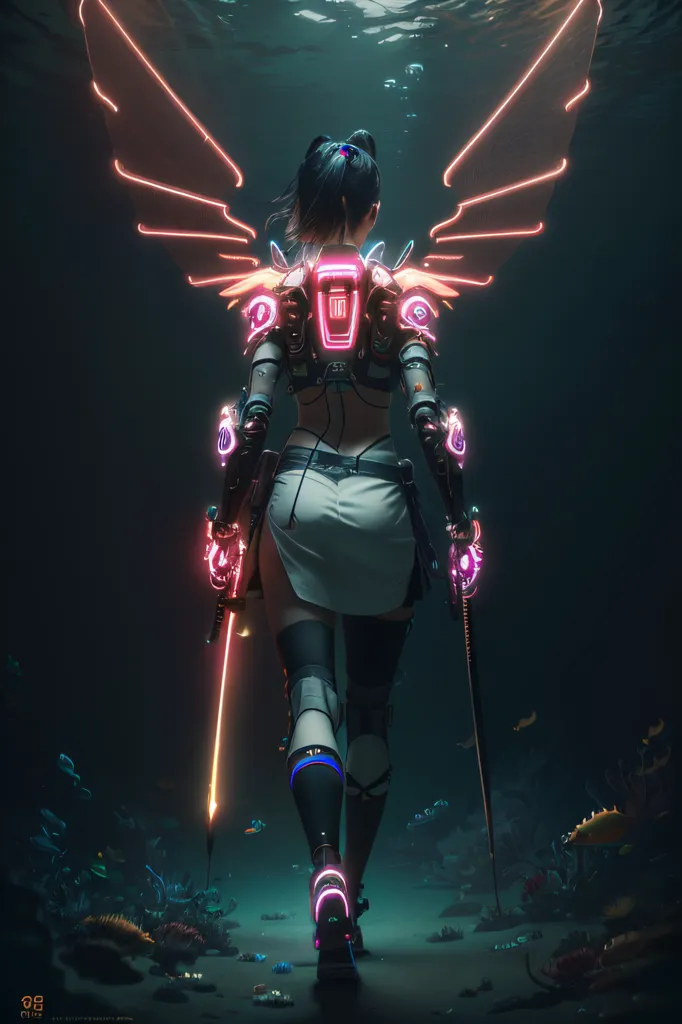 The image is of a woman standing in a dark, underwater setting. She is wearing a futuristic outfit with a glowing pink and blue design and has a pair of glowing wings made of light. She is also carrying two swords. The background is dark and murky, with a few fish swimming around. The woman is looking down at the ground as she walks.