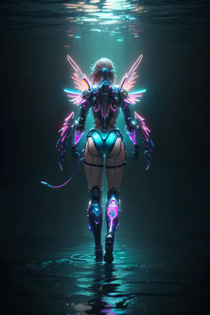 The image is a dark, full-body shot of a female cyborg from the back. She is standing in a pool of water, and her body is mostly covered in a black and blue bodysuit. She has a pair of large, mechanical wings that are folded behind her back, and her head is turned to the side so that we can see her face. Her face is mostly obscured by her helmet, but we can see her eyes are glowing blue. The image is rendered in a realistic style, and the water is particularly well-done. The cyborg is also very well-designed, and the overall image is very striking.