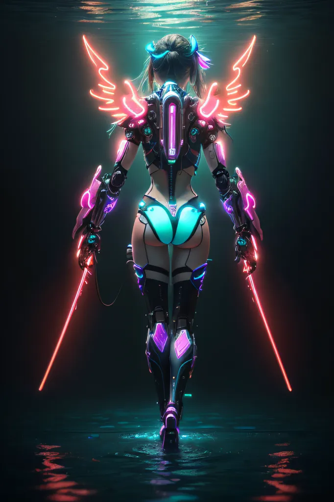 The image is of a woman standing in a dark place. She is wearing a black bodysuit with pink and blue highlights and has a glowing blue backpack with a hose that goes to her mouth. She also has a pair of glowing blue wings and is holding two glowing pink katanas. The background is dark with a few splashes of light.