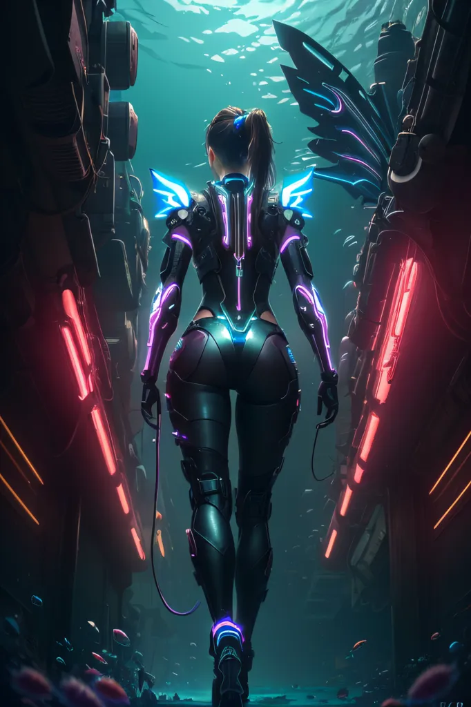 The picture shows a woman in a black and blue bodysuit with blue and purple glowing parts. She has a ponytail, and there are glowing blue wings attached to her back. She is walking away from the viewer, and there are large glowing red lights on either side of her. The background is dark.