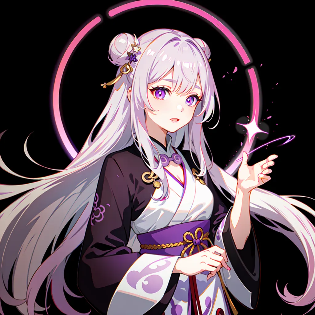 The image is of a young woman with long white hair and purple eyes. She is wearing a traditional Japanese kimono with a purple and white obi. There is a pink circle around her head, and she is holding her right hand out with her index finger extended. She has a small smile on her face.