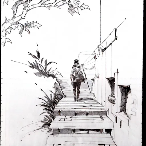 The image is a black and white sketch of a person walking up a wooden walkway. The person is wearing a backpack and carrying a walking stick. The walkway is lined with wooden handrails. On one side of the walkway is a tree with overgrown branches and leaves. On the other side of the walkway is a wall with a few small windows. The walkway appears to end at a larger building.