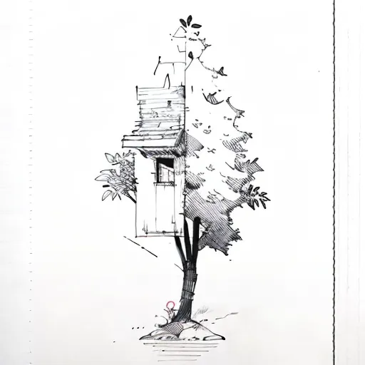 The image is a black and white drawing of a tree house with a triangular roof. The tree house is built around the trunk of a large tree. The door of the tree house is open. There is a small window on the side of the tree house. The tree has many branches and leaves. There is a small flower on the ground in front of the tree house.