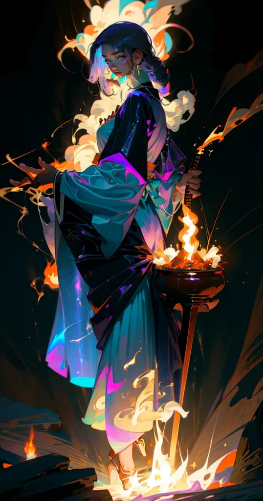 The image is of a woman in a blue and black kimono standing in a dark room. She is holding a sword in her right hand and there is a brazier with flames coming out of it on her left. The flames are also coming out of her hands and the sword. She has a determined expression on her face. The background is dark with some light coming from the flames.