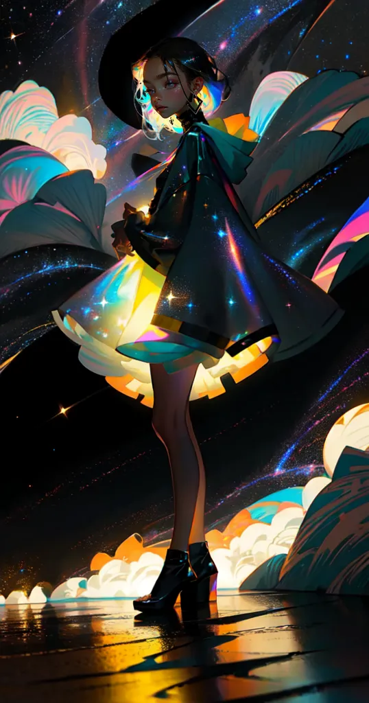 This is an image of a girl wearing a witch hat and a black dress with a yellow underskirt. She is standing in front of a starry night sky with clouds. She is holding a lantern in her right hand. The image is very colorful and looks like it was painted.