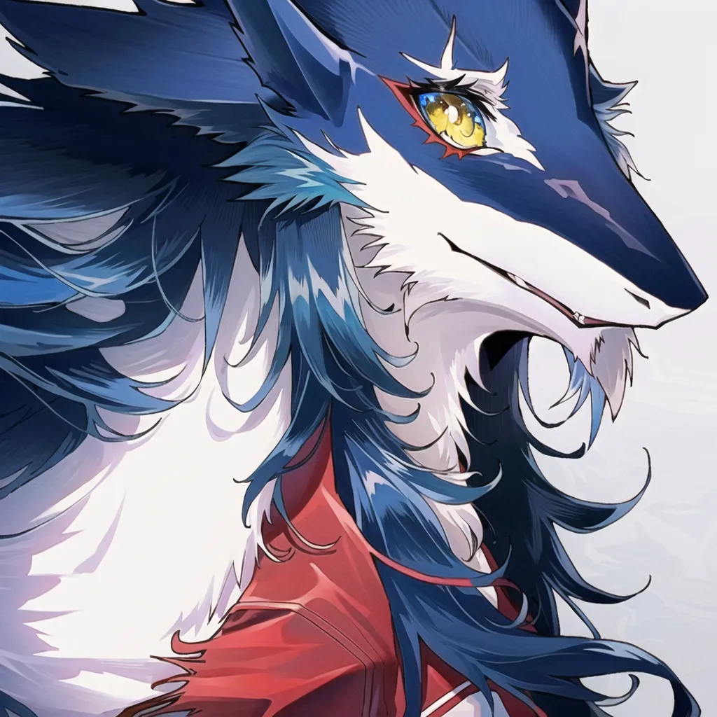 The image is a headshot of a wolf-like creature. The creature has blue fur, yellow eyes, and a white muzzle. It is wearing a red scarf. The creature is looking to the right of the frame. The background is white.