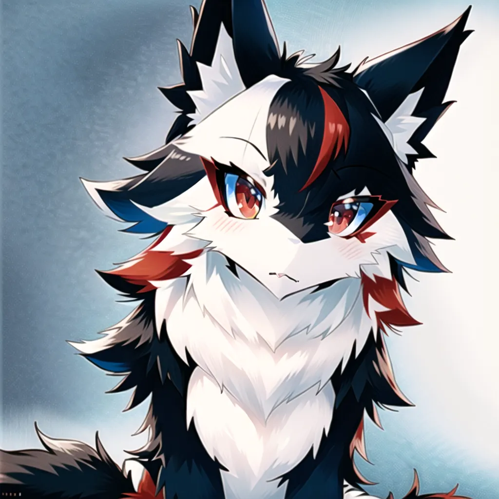 The image is a headshot of a cartoon wolf with anime-style eyes. The wolf has black, red, and white fur, and its eyes are red. It is looking at the viewer with a curious expression. The background is a blue-gray gradient.