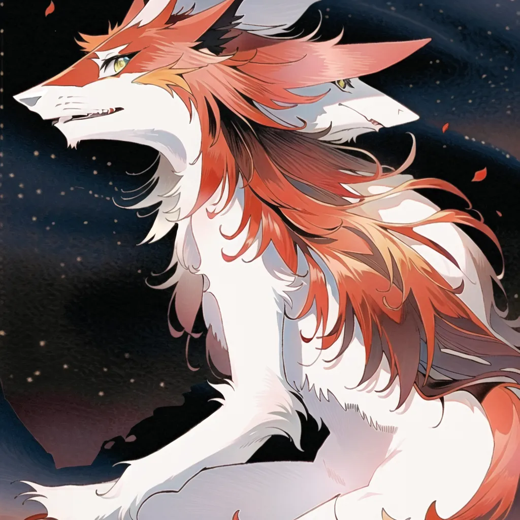 The image is of a red and white wolf with two heads. The wolf is sitting on a rock in front of a starry night sky. The wolf is looking to the left with its left head and to the right with its right head. The wolf has a long, flowing mane and a bushy tail. The wolf's fur is white with red patches on its back, head, and tail. The wolf's eyes are green.