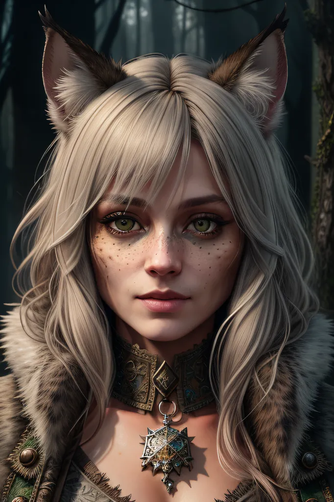 The image is a portrait of a beautiful woman with long, flowing blonde hair and green eyes. She has cat ears and is wearing a necklace with a pendant in the shape of a compass. She is wearing a fur-lined cloak and has a determined expression on her face. She is standing in front of a dark forest background.