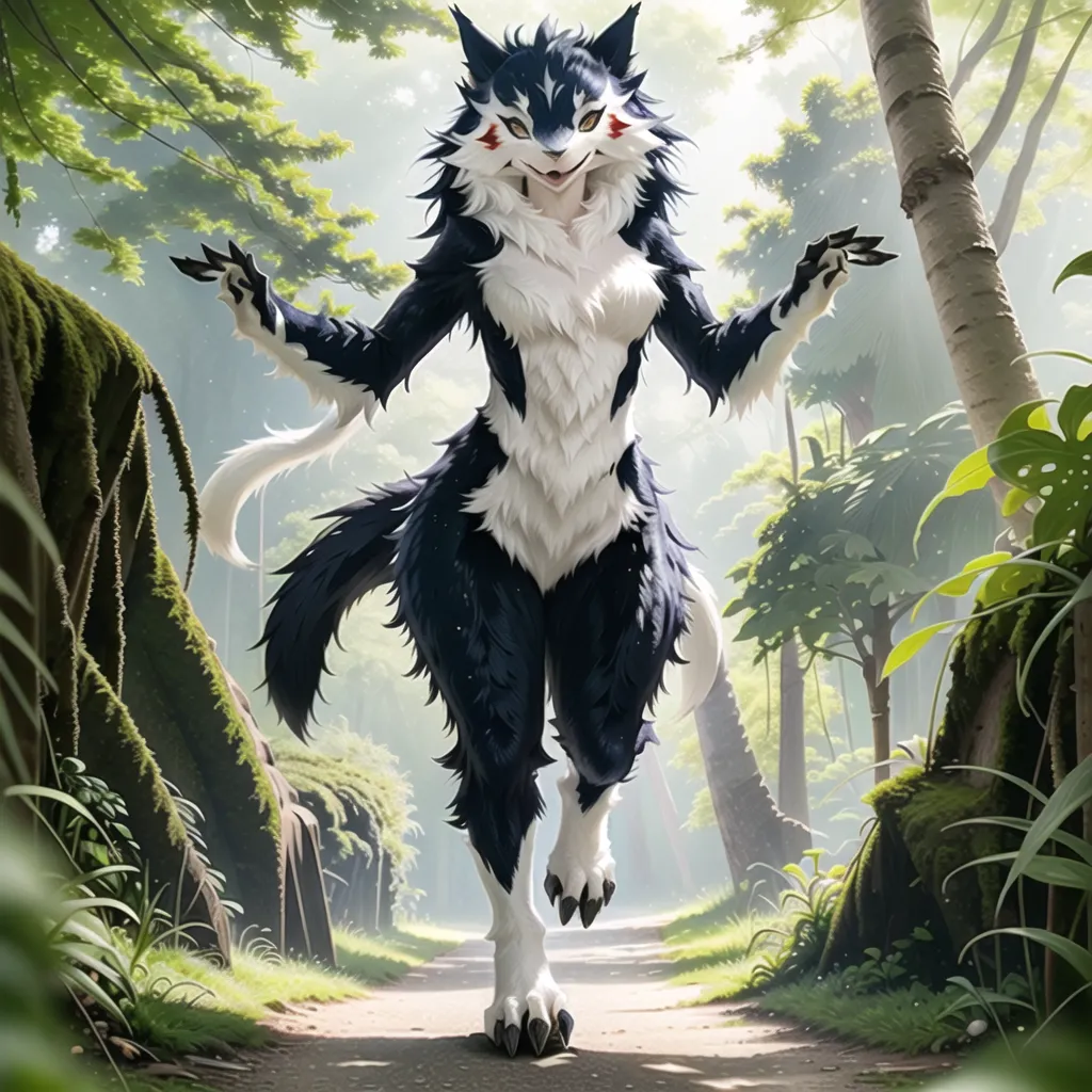 The image is of a wolf-like creature standing on a path in a forest. The creature is mostly black with white paws, a white belly, and a white-tipped tail. It has red eyes and a red nose. It is standing on its hind legs and has its arms outstretched to the sides. It is surrounded by tall grass and trees.