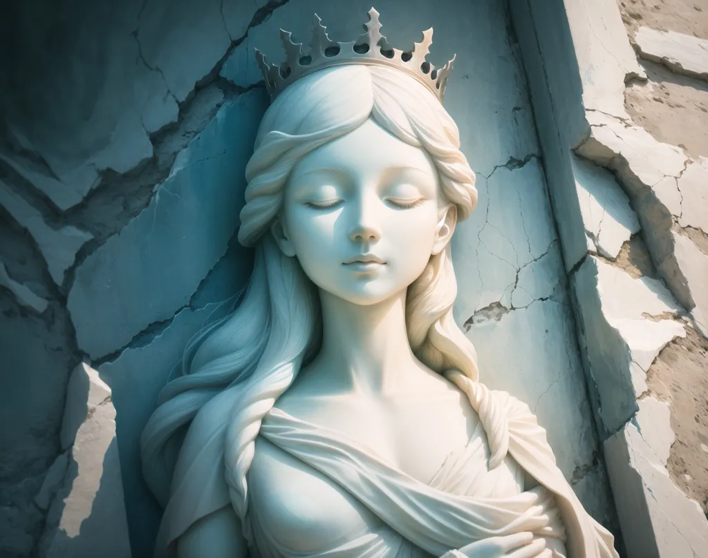 The image is a sculpture of a woman's head and shoulders. The woman is depicted with her eyes closed and her head tilted slightly to the right. She is wearing a crown and her hair is long and flowing. The sculpture is made of white marble and is set against a dark background. The sculpture is in the style of the Italian Renaissance and is likely to be from the 15th or 16th century.