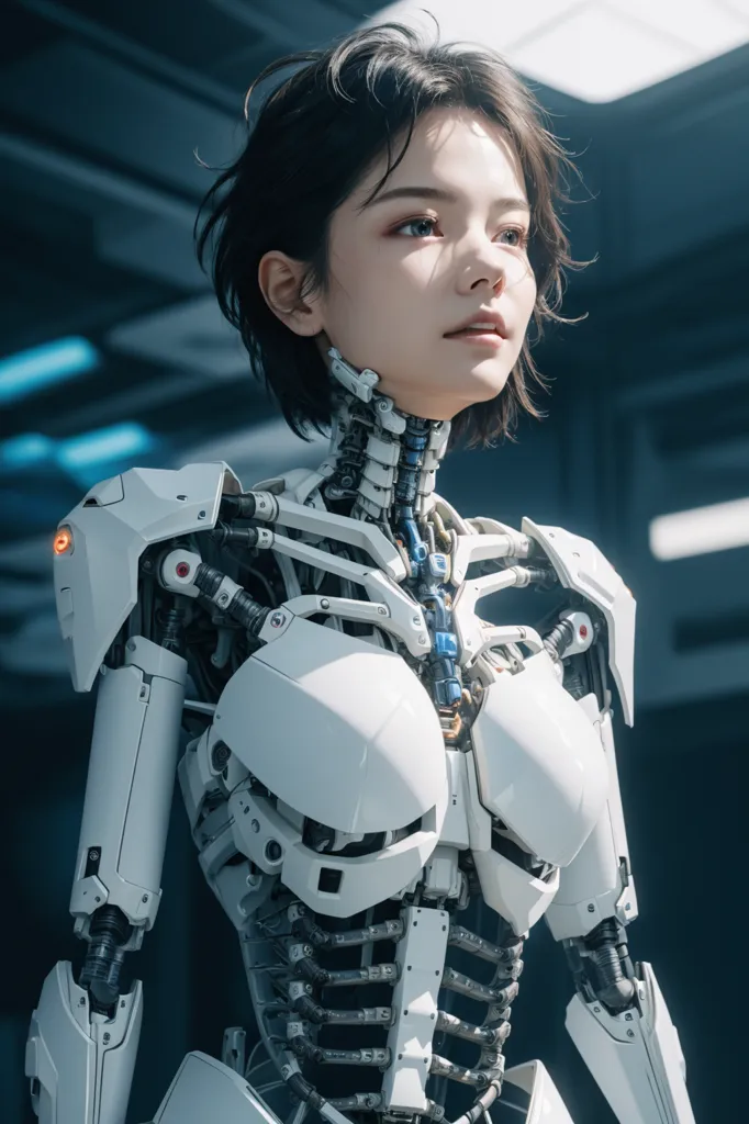 The image is of a female gynoid. She has short black hair and pale skin. She is wearing a white bodysuit that reveals her robotic endoskeleton. Her eyes are blue and her lips are slightly parted. She is standing in a futuristic setting and there is a bright light shining on her.