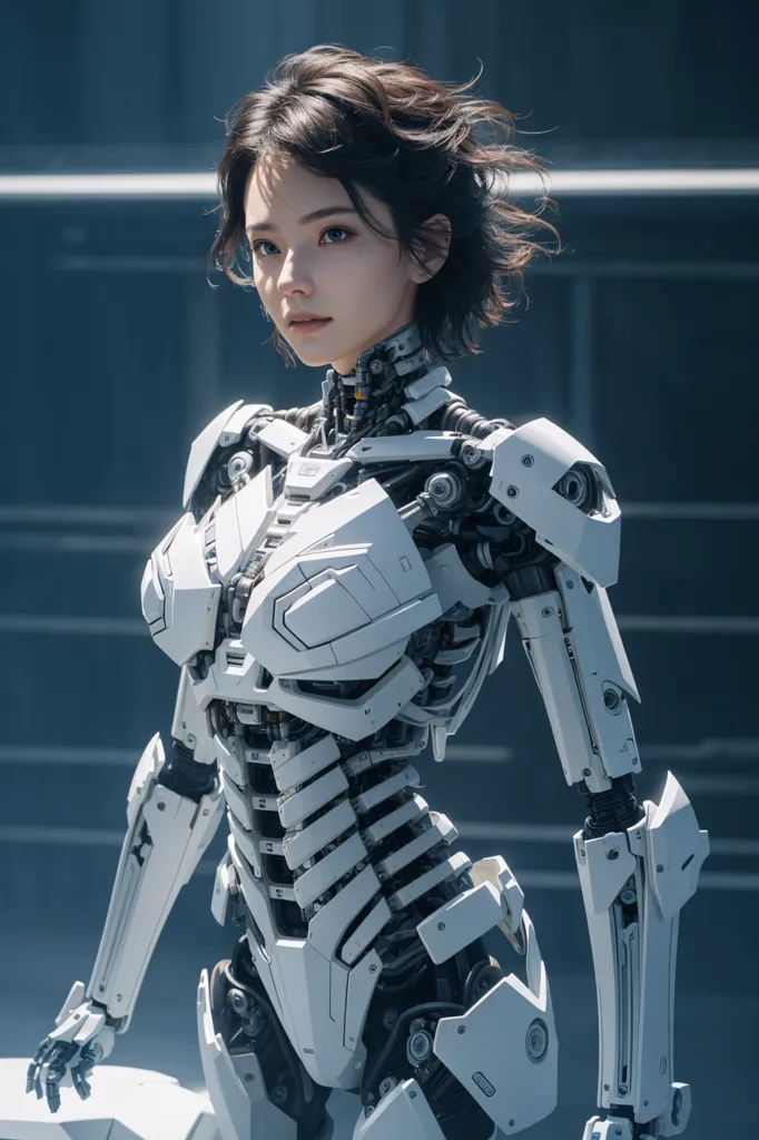 The image is of a female cyborg. She has short brown hair and white skin. She is wearing a white and gray bodysuit with a lot of technological detailing. She is also wearing a pair of white boots. Her face is very beautiful and realistic. She is standing in a futuristic setting. There are a lot of metal beams and pipes in the background. The image is very well rendered and the details are amazing.