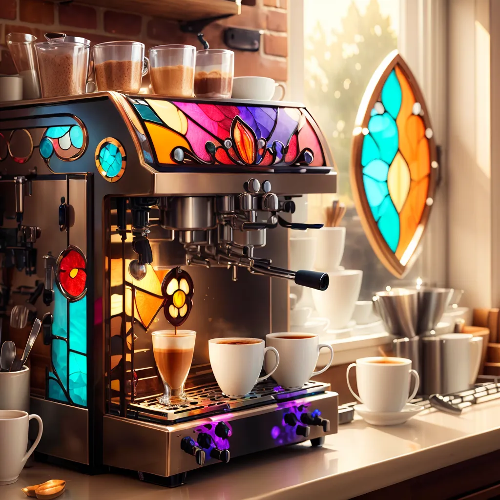 The image shows a colorful espresso machine made of metal and glass. The machine has a stained glass front with a floral pattern and is sitting on a counter. There are glass jars and white cups on the counter. In the background, there is a window with stained glass.