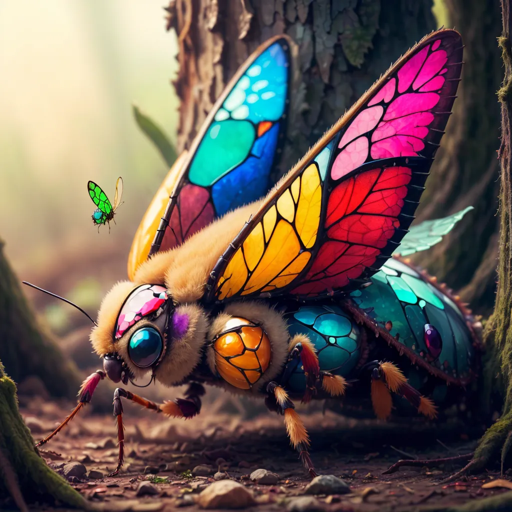 The image is a 3D rendering of a bee with butterfly wings. The bee is sitting on a branch in a forest. The bee is mostly yellow and brown, but its wings are a rainbow of colors, including red, orange, yellow, green, blue, and purple. The butterfly wings are a lighter shade of these colors. The bee's eyes are blue and it has a long, pointed proboscis. The branch is brown and the leaves are green. The background is a blur of green leaves.