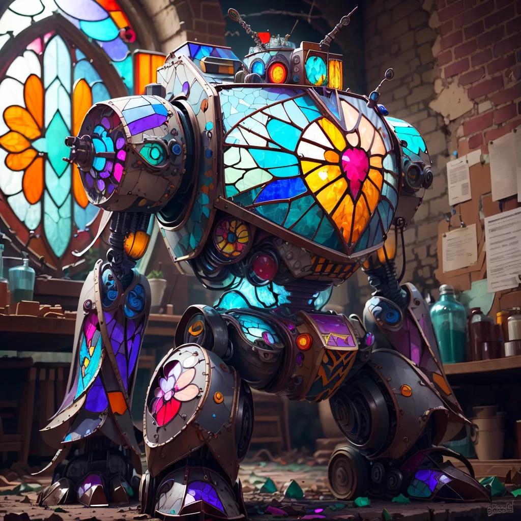 The image is a steampunk robot. It is made of stained glass and has a heart-shaped stained glass window on its chest. The robot is standing in a room with a brick wall and a stained glass window in the background. There are also some gears and other steampunk objects in the room. The robot is very detailed and has a lot of intricate details.