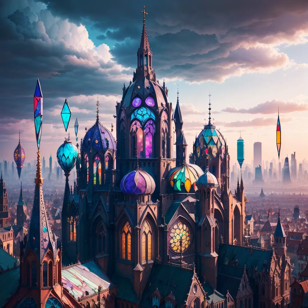 The image is of a fantasy city with a large cathedral in the center. The cathedral is made of white stone and has many spires and stained glass windows. There are also many other buildings in the city, including skyscrapers and houses. The sky is blue and there are some clouds in the distance.