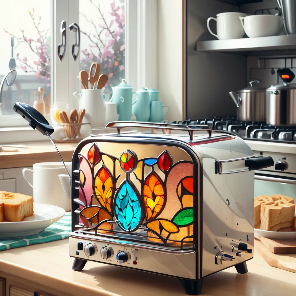 The image shows a toaster on a kitchen counter. The toaster is made of stainless steel and glass. The glass is stained glass with a floral pattern. The toaster has two slots for bread. There is a plate with two slices of bread on it next to the toaster. There is a window in the background of the image. The window has a stained glass pattern of cherry blossoms. There are dishes and small appliances on the counter behind the toaster.