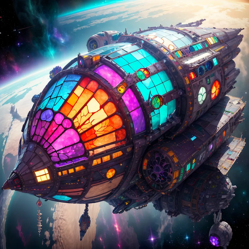 The image shows a spaceship that looks like a zeppelin. It is decorated with colorful stained glass windows and has a large engine on the back. It is floating in space with a blue planet in the background.