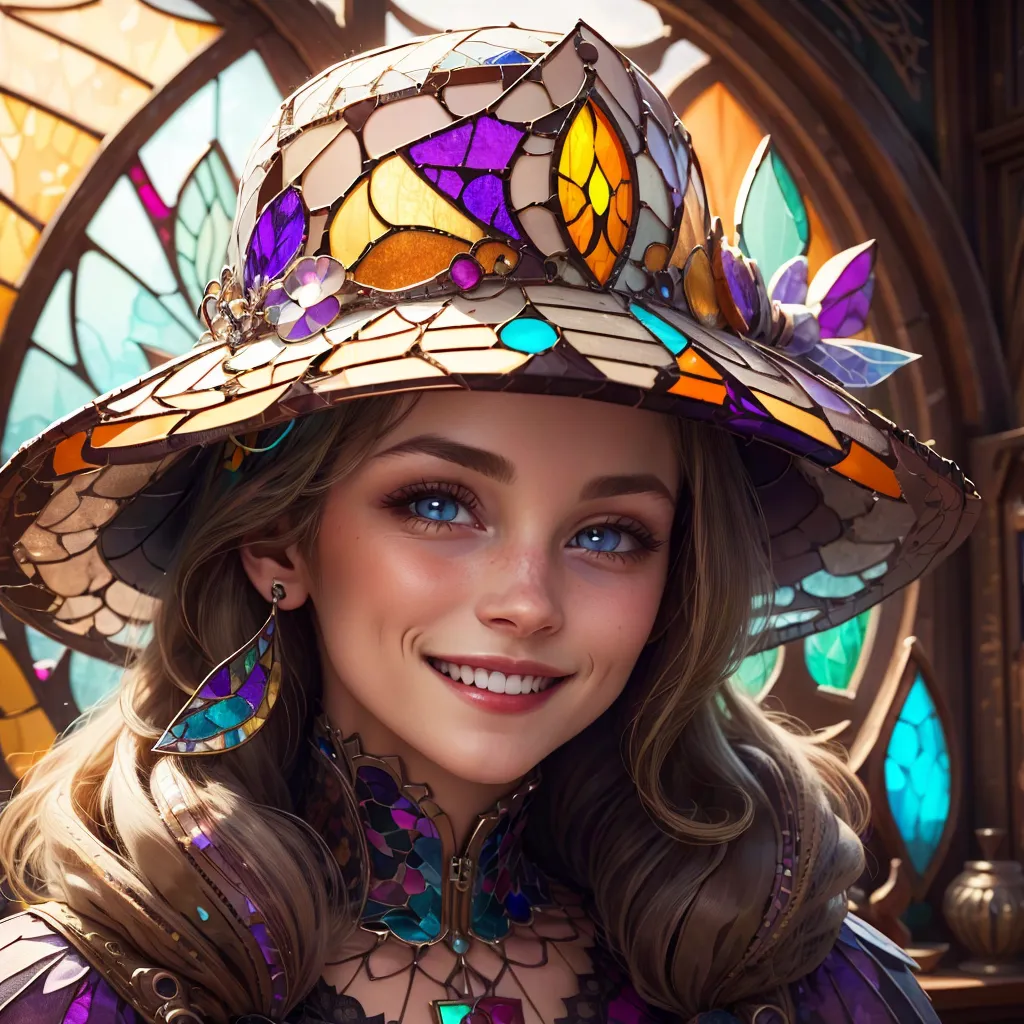 This image shows a young woman, with long wavy blonde hair, wearing a large stained glass hat. The hat is decorated with various colors and designs and has small flowers and butterflies on the brim. She is wearing purple eyeshadow and has blue eyes. She is smiling and looks happy. She is wearing a purple and gold dress with a white collar. The background is blurry, but it looks like there is a stained glass window behind her.