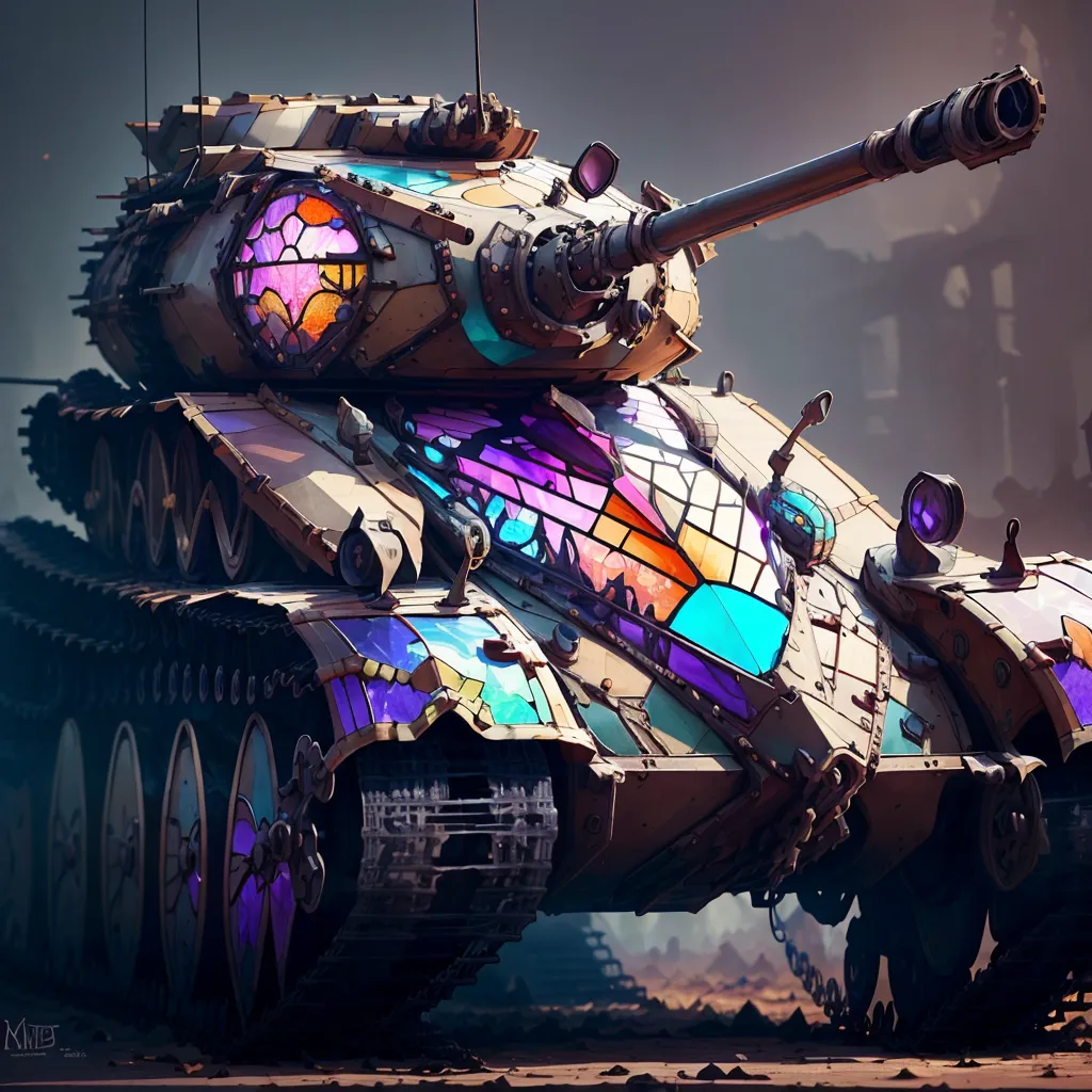 The image shows a tank with stained glass windows instead of regular windows. The tank is painted in brown and beige colors and has tracks instead of wheels. There is a large glass window on the front of the tank, and several smaller windows on the sides and back. The tank is also decorated with various metal ornaments.