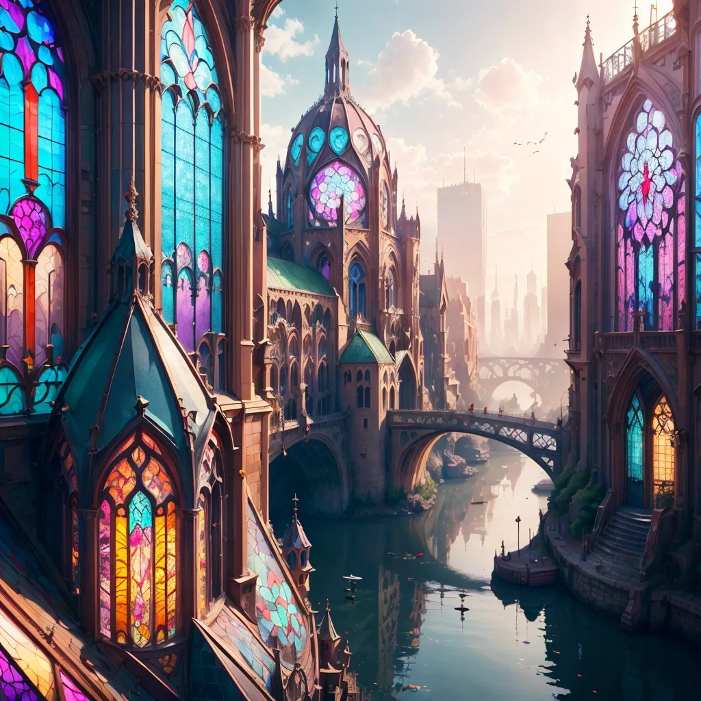 The image is of a beautiful city with stained glass windows and a river running through it. The buildings are tall and narrow, with intricate details and colorful stained glass windows. The river is wide and calm, with a few boats floating on it. The sky is a clear blue, with a few clouds dotting the horizon. The city is full of life, with people walking around and talking to each other. It is a beautiful and peaceful scene.