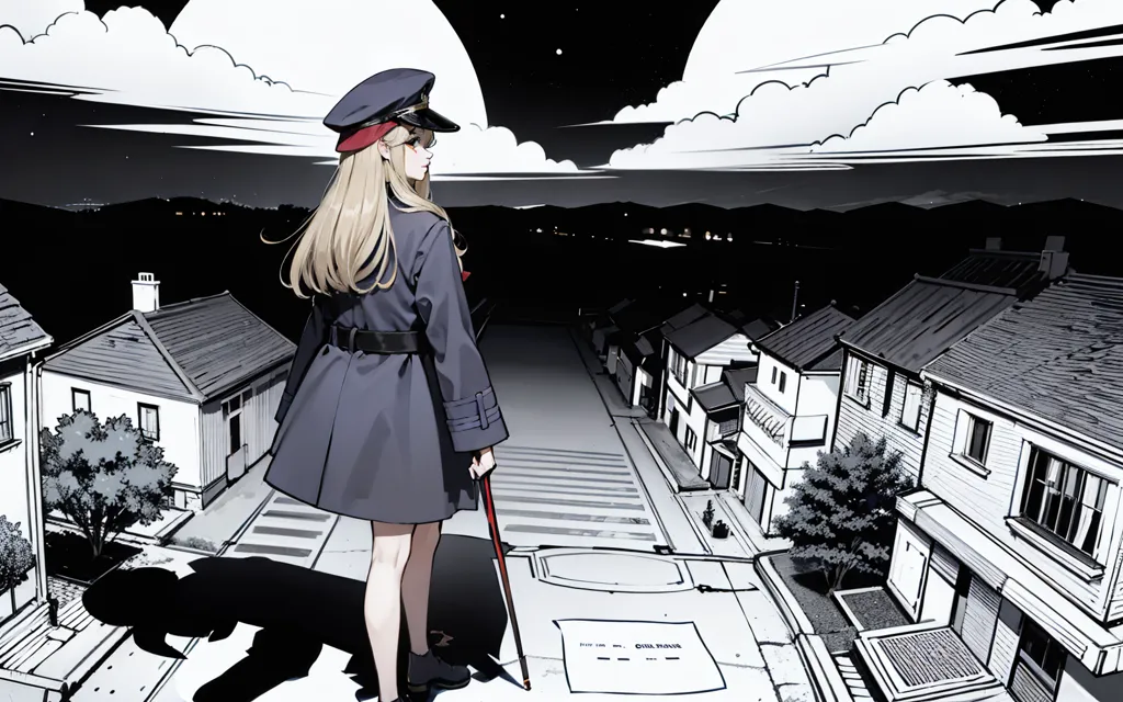 The image is a black and white illustration of a girl wearing a police uniform. She is standing on a rooftop, looking down at a street. The street is lined with houses, and there are clouds in the sky. The girl is wearing a hat, a long coat, and a belt. She has a gun in her hand. The image is drawn in a realistic style, and the girl's expression is serious.