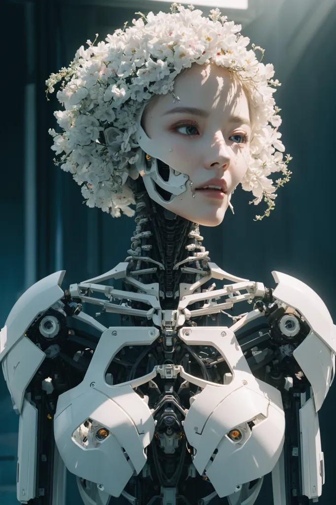 The image is a portrait of a female robot with white hair and eyes. She is wearing a wreath of white flowers. The robot's face is partially covered by a metal mask, and her body is made of white metal. She is standing in front of a blue background, and there is a bright light shining on her.