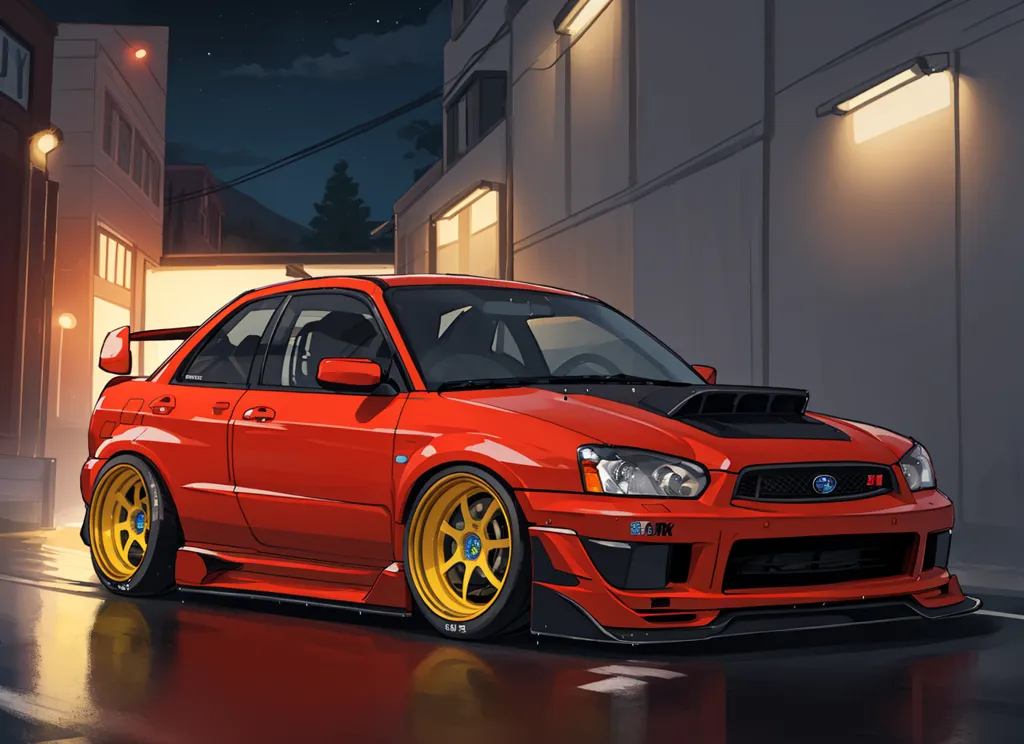 This is a picture of a red car parked in a dark alleyway. The car is a Subaru Impreza WRX STI. The car has a large wing on the back and a hood scoop on the front. The car is also sitting on aftermarket wheels and has a lowered suspension. The background of the picture is a dark alleyway with a brick wall on one side and a fence on the other. There is a street light in the background and a few trees. The picture is done in a realistic style and the colors are very vibrant.