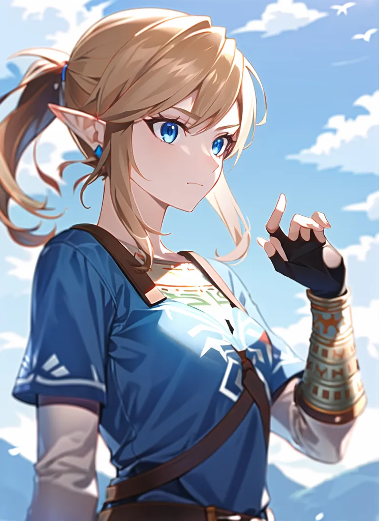 This image shows a young woman with long blonde hair and blue eyes. She is wearing a blue shirt and a brown glove on her right hand. She is pointing with her right hand. She has elf ears and is looking to the right of the frame. There are clouds in the background.