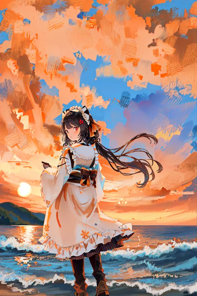 This is an image of an anime girl standing on a beach. She is wearing a white and orange kimono with a red ribbon tied around her waist. She has long black hair that is blowing in the wind. The sun is setting in the background, casting a warm glow over the scene. The waves are gently crashing on the shore. The sky is a gradient of orange, yellow, pink, and blue. The girl is looking out at the ocean with a peaceful expression on her face.