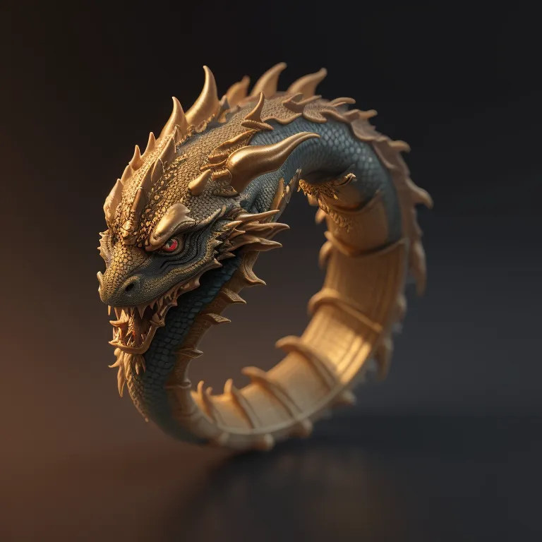 The image is a 3D rendering of a gold and green dragon Ouroboros, a serpent eating its own tail. The dragon has red eyes, and its body is covered in scales. The dragon is curled up in a circle, with its head facing the viewer. The background is black, and the dragon is lit by a spotlight.