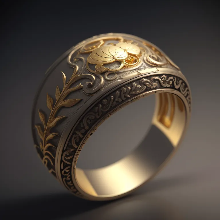 La imagen es un renderizado 3D de un anillo. El anillo está hecho de dos metales, con la banda exterior de metal blanco y la banda interior de metal amarillo. El anillo está decorado con un patrón floral, con hojas y flores que envuelven la banda. El anillo también está engastado con una gema, que está rodeada por un bisel. La gema es una piedra redonda y facetada, y probablemente sea un diamante u otra gema transparente. El anillo está probablemente hecho de oro y plata.