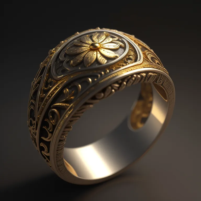 The image is a 3D rendering of a gold and silver ring. The ring has a round bezel with a flower design in the center. The flower has five petals and a small round center. The bezel is surrounded by a filigree design with leaves and vines. The ring is made of white gold and yellow gold. The white gold is used for the band and the bezel, and the yellow gold is used for the flower and the filigree design. The ring is highly polished and has a shiny finish.