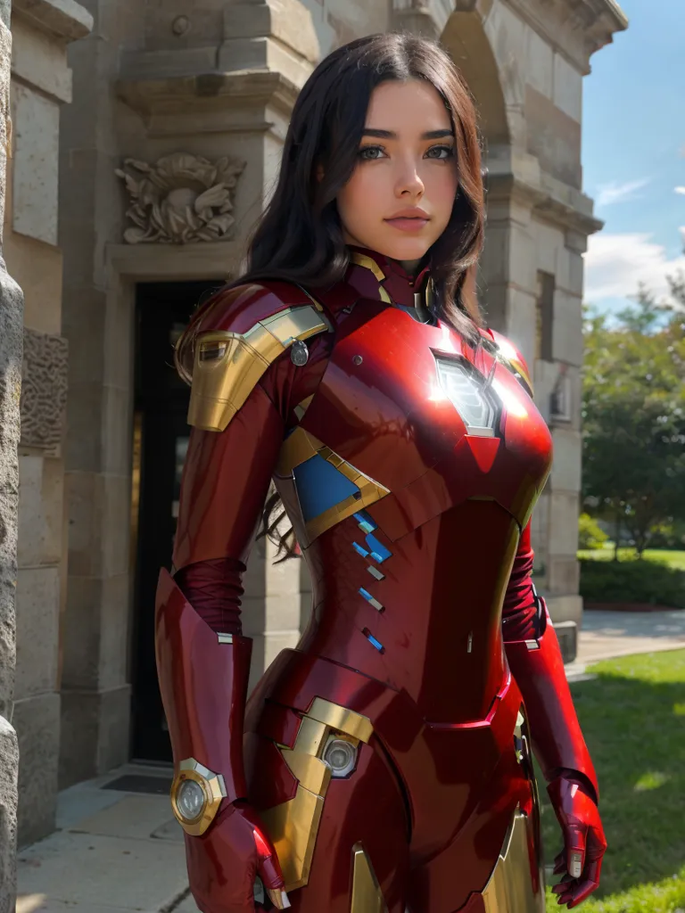 The image shows a young woman standing in front of a building. She is wearing a red and gold Iron Man suit. The suit is made of metal and has a variety of weapons and gadgets built into it. The woman has long brown hair and green eyes. She is looking at the camera with a confident expression.