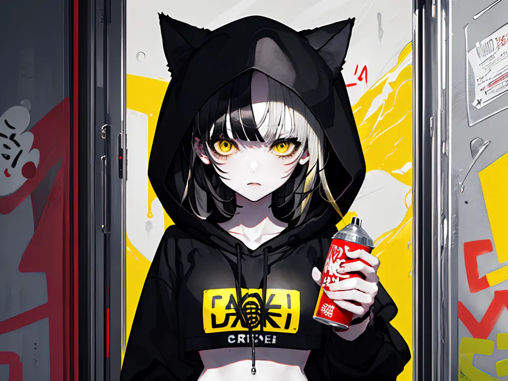 The image is a painting of a young woman with cat ears. She is wearing a black hoodie with a yellow and red design on the front. The hoodie is unzipped, showing a black crop top underneath. She is also wearing a pair of black headphones. The woman is standing in front of a graffiti-covered wall. She is holding a spray can in her right hand. The woman has yellow eyes and black hair with white streaks. She is looking at the viewer with a serious expression.