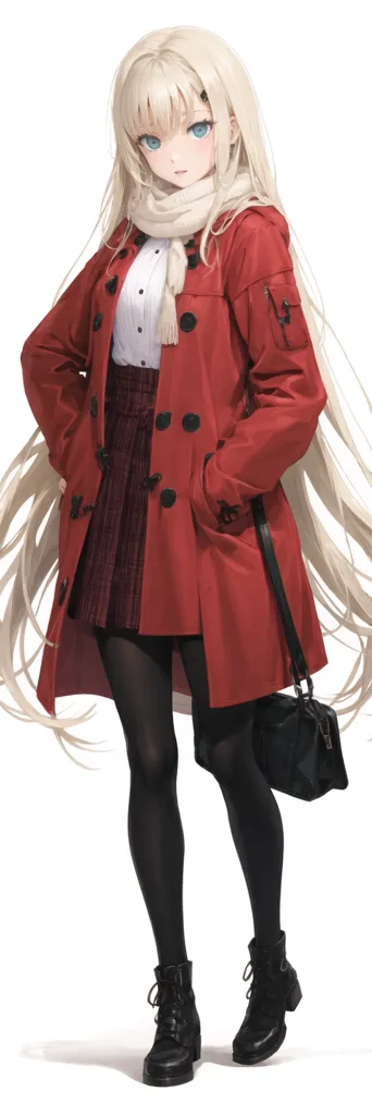 The image shows a young woman with long blonde hair and blue eyes. She is wearing a white blouse, a red coat, a gray skirt, and black boots. She also has a black bag over her shoulder and a white scarf around her neck. She is standing with her hands in her pockets and has a confident expression on her face.