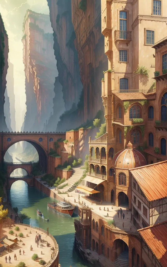 The image is a painting of a city built in a valley between two mountains. The city is built on a river, and there are bridges crossing the river. The buildings are made of stone and have a lot of detail. There are people walking around the city, and there are boats on the river. The painting is very realistic and looks like a real place.