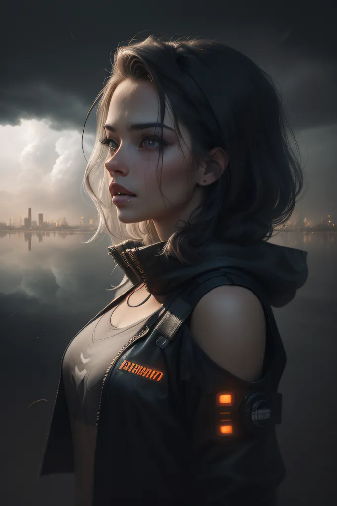 The image is a portrait of a young woman with short brown hair and blue eyes. She is wearing a black leather jacket and a white tank top. The background is a dark cityscape with a river running through it. The woman is looking to the right of the frame, with her eyes slightly narrowed. Her expression is one of determination and focus.