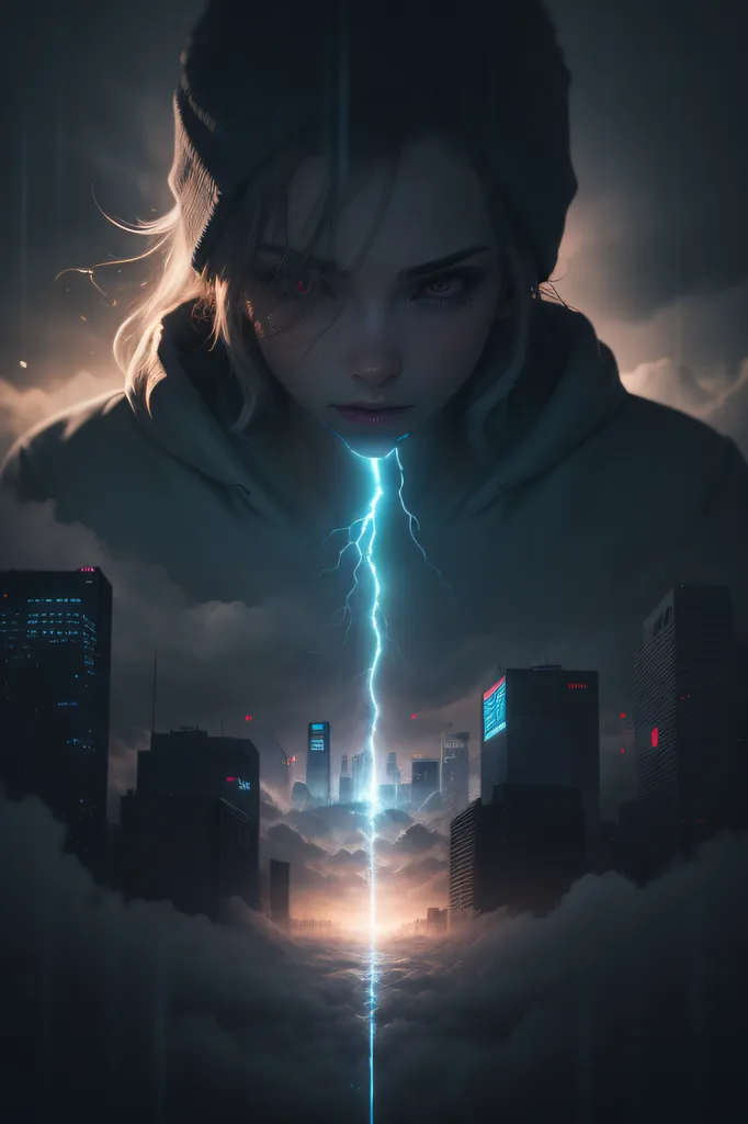 The image is a dark and stormy night. A young woman is standing in the foreground, with her eyes closed and her head tilted back. She is wearing a black hoodie and her hair is blowing in the wind. A bolt of lightning is striking down from the sky and hitting her in the chest. The impact of the lightning is causing her to glow with a bright light. In the background, there is a city with tall buildings and skyscrapers. The city is dark and gloomy, and the only light comes from the lightning.