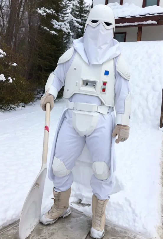 The image shows a person dressed in a Star Wars snowtrooper costume, including a white helmet, chest and leg armor, and a white jumpsuit. They are also wearing brown boots and gloves, and are holding a snow shovel. They are standing in a snowy driveway, with a house in the background.