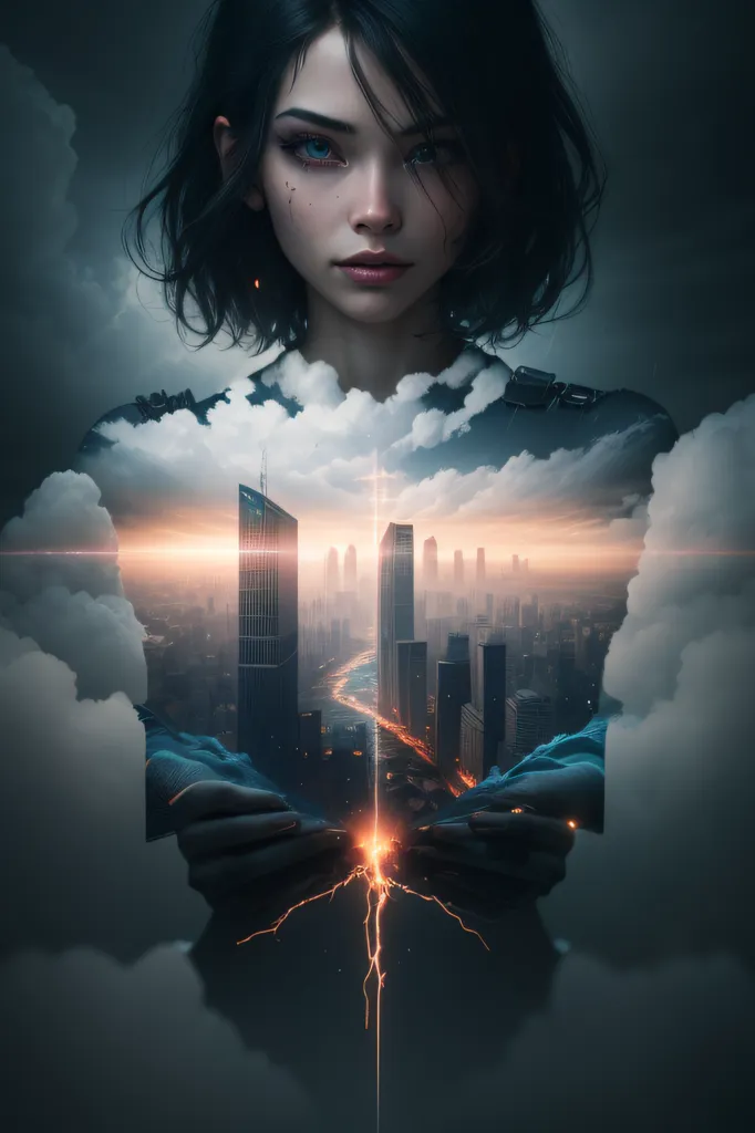 The image is of a young woman with short black hair and blue eyes. She is wearing a black leather jacket and has a cityscape inside her chest. The city is made up of tall buildings and skyscrapers, and it is lit up by a bright light. The woman's expression is serious and contemplative.