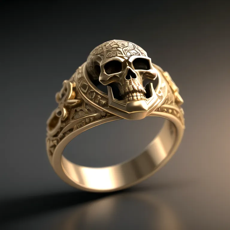 Ini adalah cincin emas dengan tengkorak di atasnya. Tengkorak menghadap ke depan dan memiliki mahkota di kepalanya. Cincin ini terbuat dari emas kuning dan memiliki permukaan yang halus. Tengkorak sangat detail, dengan semua gigi dan tulang yang terlihat. Cincin ini juga sangat berkilau, dan tampaknya terbuat dari emas asli.