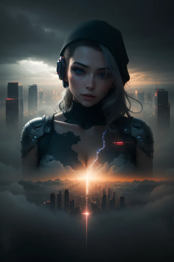 The image is a portrait of a young woman with short white hair and blue eyes. She is wearing a black beanie and a black jacket with a white turtleneck collar. The jacket has shoulder pads and a red light on the left shoulder. She is also wearing headphones. The background is a dark cityscape with a stormy sky. The woman is in the foreground, and she is looking at the viewer with a serious expression.