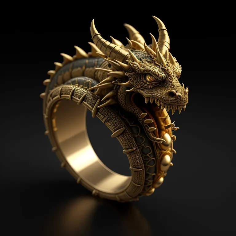 La imagen es un renderizado 3D de un anillo de oro con un dragón verde enrollado alrededor de él. El dragón tiene la boca abierta y muestra los dientes. El anillo está hecho de oro amarillo y tiene una superficie brillante. El dragón está mirando al espectador y se encuentra en el centro de la imagen. El fondo es negro.