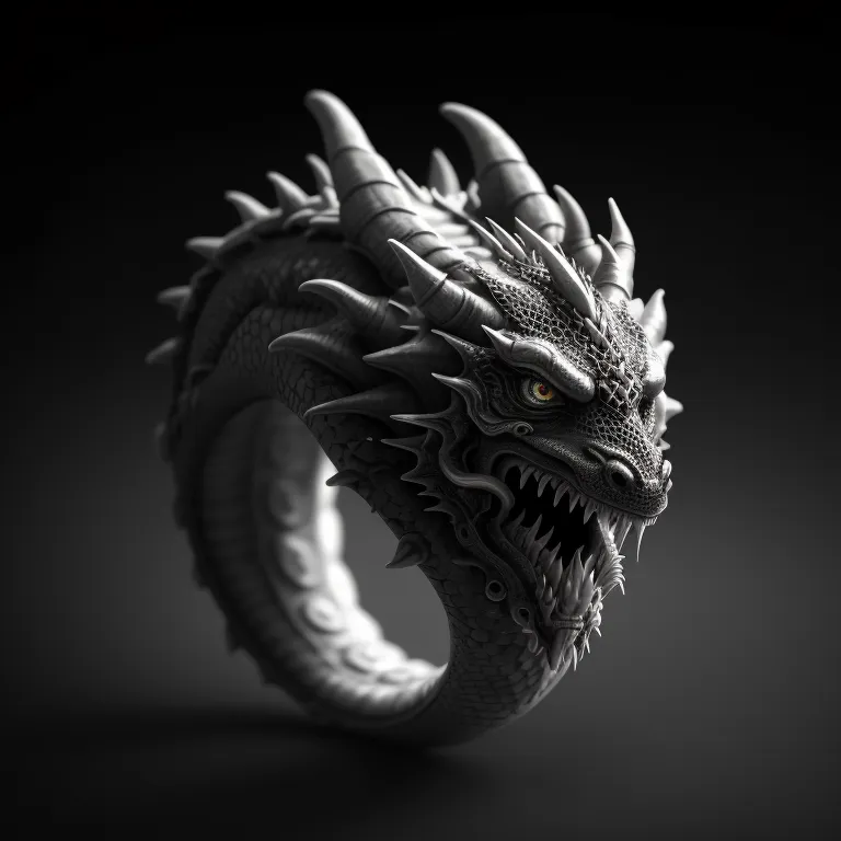 L'image est un rendu 3D d'une bague en forme de dragon argenté. Le dragon a la bouche ouverte et les dents découvertes. Ses yeux sont jaunes et ses écailles sont détaillées. La bague est sur un fond noir et la lumière brille sur elle depuis le côté gauche.